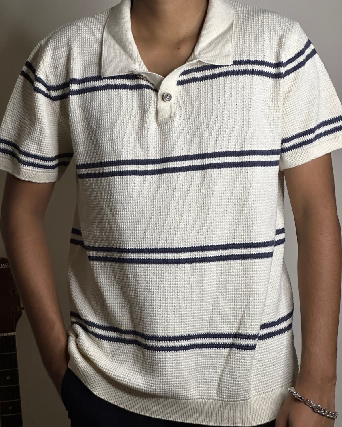 Ivory Waffle Stripe Polo — view 1