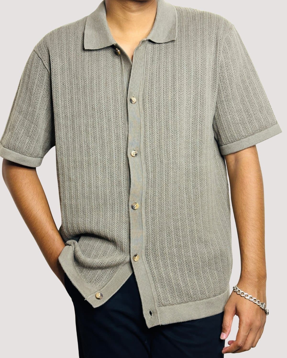 Sage Crochet Knit Polo Shirt — view 1