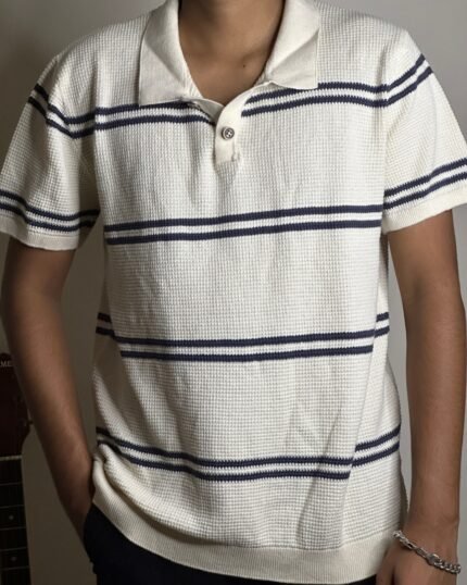 Ivory Waffle Stripe Polo