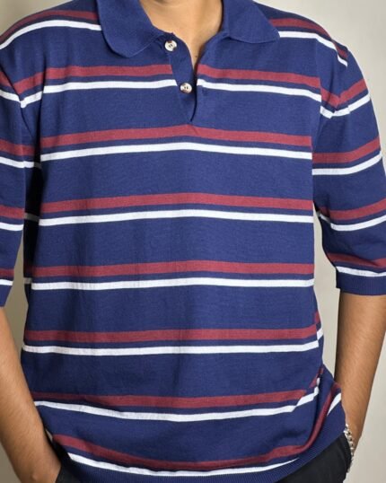 Navy Stripe Knit Polo